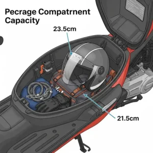 Detailed illustration of a gas scooter's ample under-seat storage, perfect for an adult's helmet and essentials.