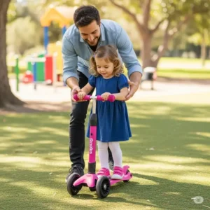 A parent teaching a child to balance on a three-wheeled pink scooter, ideal for learning riders.