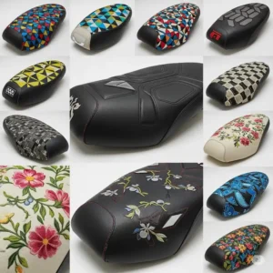 Gallery image showcasing examples of customized motor scooter seats with unique patterns, colors, and textures, emphasizing personalized style.