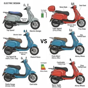 Comparison illustration of various scooter types, including electric and gas models, each featuring a distinct seat design.