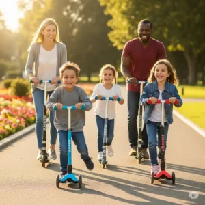 A family enjoying outdoor activity together, with parents and children riding a mix of mini micro maxi scooters.