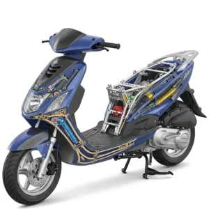 A cutaway illustration of a 50cc scooter's lightweight frame, emphasizing materials and construction that contribute to a higher power-to-weight ratio for a fastest 50cc scooter ride.