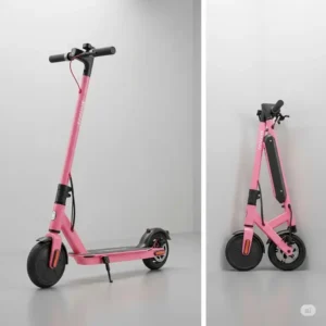 Foldable electric pink scooter, demonstrating its compact size for easy storage and transportation.
