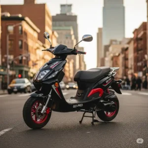 A gas scooter goped parked on a city street, suggesting its use for urban commuting and quick errands.