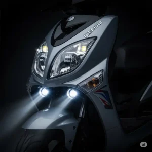 Bright LED headlight and advanced lighting system of an ice bear scooter 150cc, providing excellent visibility and safety for nighttime riding.
