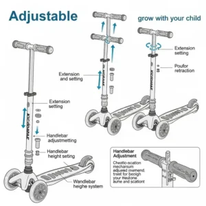 Diagram illustrating the adjustable handlebar feature on a kickboard scooter, allowing it to grow with the child for extended use.