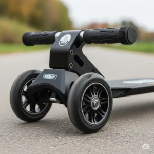 Close-up view of a durable scooter board, showcasing smooth-gliding wheels and ergonomic handles, emphasizing product quality and safety.