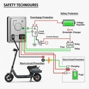 Diagram illustrating the safety features of a scooter charger, including overcharge protection and short-circuit prevention.