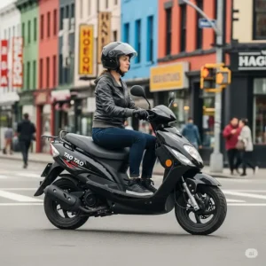 A rider comfortably seated on a Tao Tao 49cc scooter, demonstrating its compact size and excellent maneuverability for urban commutes.