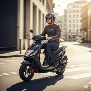 Person riding a taotao 150cc scooter through an urban environment, demonstrating its agility and ease of use.