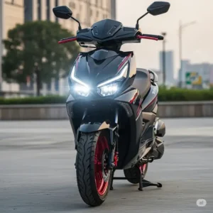 Front view of a 200cc motorcycle scooter, focusing on its bright LED headlight for enhanced visibility and safety.