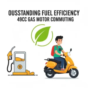 "Graphic depicting the excellent fuel efficiency of a 49cc gas motor scooter, with a gas pump and leaf icon symbolizing cost-effective commuting."