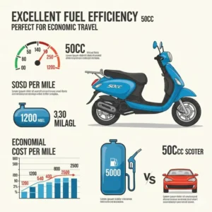 Infographic illustrating the excellent fuel efficiency of a 50cc scooter moped, perfect for economical travel.