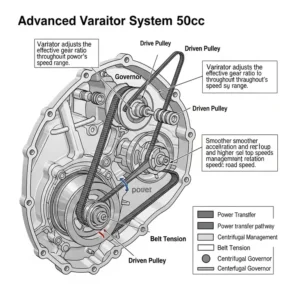 A technical diagram of an advanced variator system in a 50cc scooter, explaining how it optimizes power delivery for improved acceleration and fastest 50cc scooter top speed.