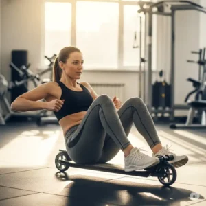 Fitness enthusiast performing a core exercise using a scooter board, demonstrating its utility for advanced workouts and physical therapy.