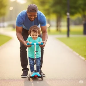 A parent gently guiding a two-year-old on how to push off and propel a scooter, illustrating easy learning for young children, a key aspect of finding the best scooter for 2 year old.