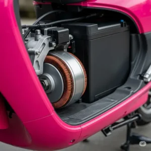 Close-up view of the electric motor and battery of an electric pink scooter, emphasizing its power source.