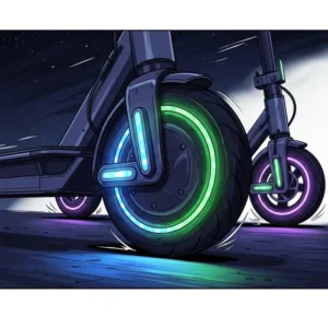 Dynamic illustration of electric scooter wheels in motion at night, featuring integrated LED lights for enhanced visibility and safety.