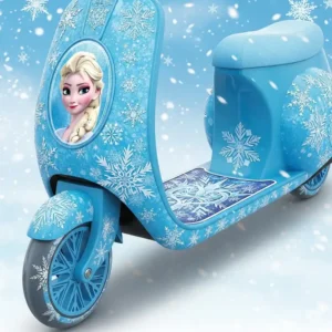 Illustration focusing on Elsa scooter design, including snowflake patterns and Frozen art.