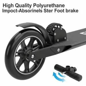 Detail of the durable polyurethane wheels and responsive rear foot brake on a kickboard scooter, focusing on safety and smooth riding.
