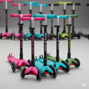 An array of micro scooter minis displayed in various vibrant colors, from pink to green, showing the range of options available for boys and girls.
