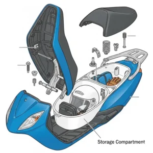 Exploded view illustration of a motor scooter seat revealing the spacious under-seat storage compartment, ideal for helmets or personal belongings.