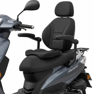 A comfortable scooter with a supportive seat and an integrated backrest for improved posture and rider support.