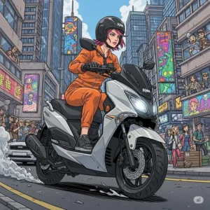 A dynamic illustration of a person confidently riding a SYM scooter through a bustling city environment, showcasing its agility and ease of use.