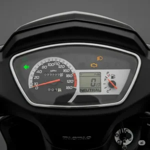 Clear display of the Tao Tao 49cc scooter's dashboard, showing the speedometer, fuel gauge, and indicator lights.