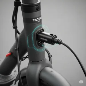 Close-up of the charging port on a TaoTao 48V scooter, showing easy access for convenient recharging.