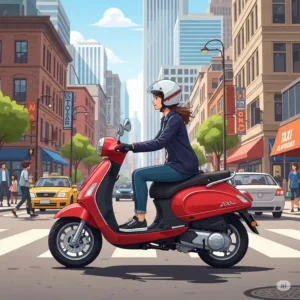 An illustration depicting a 200cc motorcycle scooter navigating through a bustling city environment, ideal for daily commutes and urban travel.