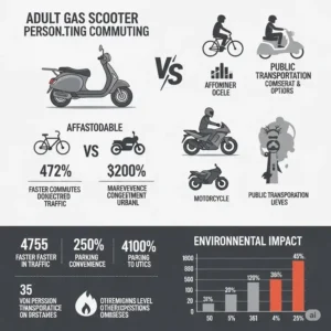 Infographic comparing the benefits of an adult gas scooter for commuting versus other personal transportation options.