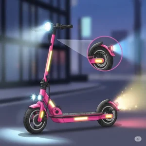 Illustration highlighting the safety features of an electric pink scooter, including lights and reflectors for visibility.