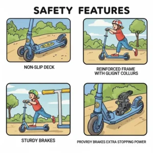 Illustration depicting Elsa scooter safety features like non-slip deck and brakes.