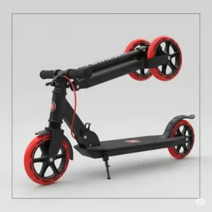 A kickboard scooter shown in a folded position, demonstrating its compact design for easy storage and portability.
