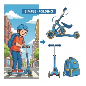 Illustration demonstrating the easy folding mechanism of a mini micro maxi scooter, highlighting its convenient storage and portability.