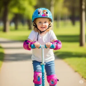 A child wearing a Frozen helmet and pads while riding a scooter, emphasizing safety.