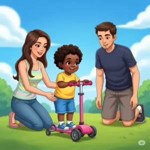 Illustration depicting a versatile scooter for 2 year old for a 2-year-old being used safely both indoors on a smooth floor and outdoors in a backyard.