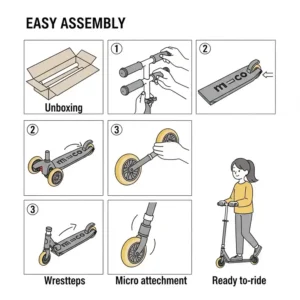 Simplified illustration demonstrating the easy assembly process of a micro mini scooter, from unboxing to ready-to-ride.