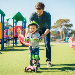  A parent gently guiding a young child on a micro scooter mini, demonstrating how suitable it is for early development of balance and coordination.
