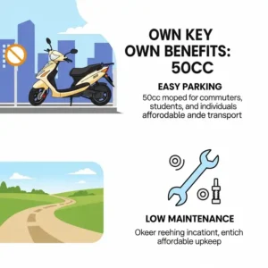 Graphic highlighting the benefits of owning a 50cc scooter moped, such as easy parking and low maintenance.