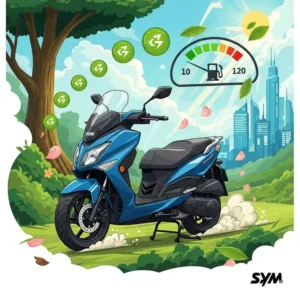An illustration representing the excellent fuel efficiency and eco-friendly aspects of a SYM scooter, appealing to environmentally conscious riders.