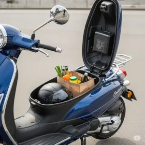The convenient storage compartment of a tank scooter, perfect for helmets or other essentials.