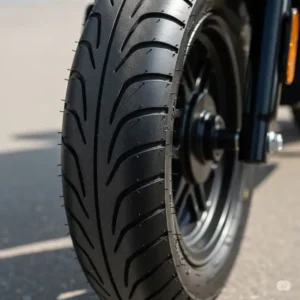 Close-up of the durable wheels and tires on a Tao Tao 49cc scooter, designed for smooth and safe riding.