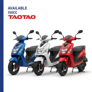 Display of various color options available for the taotao 150cc scooter, including blue, white, and red.