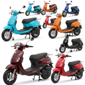 Collection of TaoTao 48V scooters in various vibrant colors, showcasing available aesthetic choices.