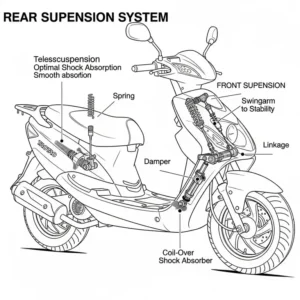 Visual of the front and rear suspension system on a TaoTao scooter, designed for a smooth ride.