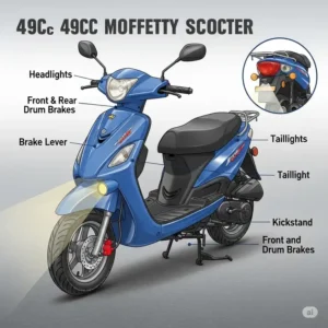 "Illustration highlighting key safety features on a 49cc gas motor scooter, such as front and rear brakes, headlights, and taillights."