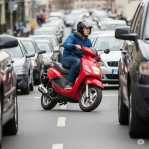 A 50cc scooter moped navigating through urban traffic, emphasizing its agility and suitability for city commuting.