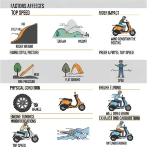 A clear and concise chart illustrating various factors affecting the top speed of a 50cc scooter, such as rider weight, terrain, and engine tuning, helping users understand what makes a scooter the fastest 50cc scooter.